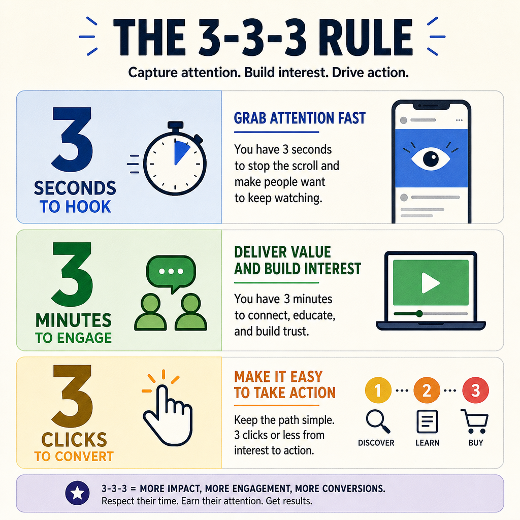 A visual infographic breaking down the 3-3-3 rule: 3 seconds to hook, 3 minutes to engage, 3 clicks to convert