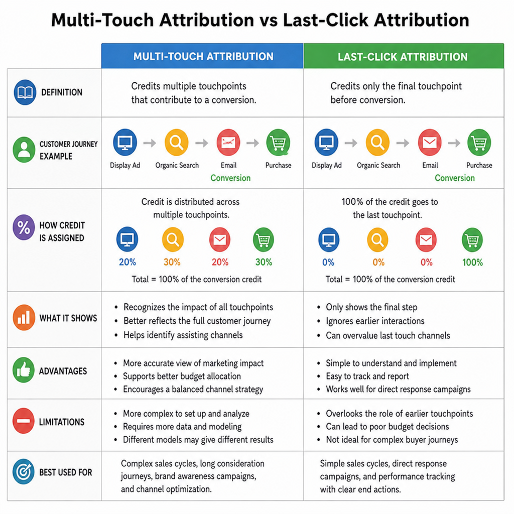 Comparison chart showing multi-touch vs last-click attribution models