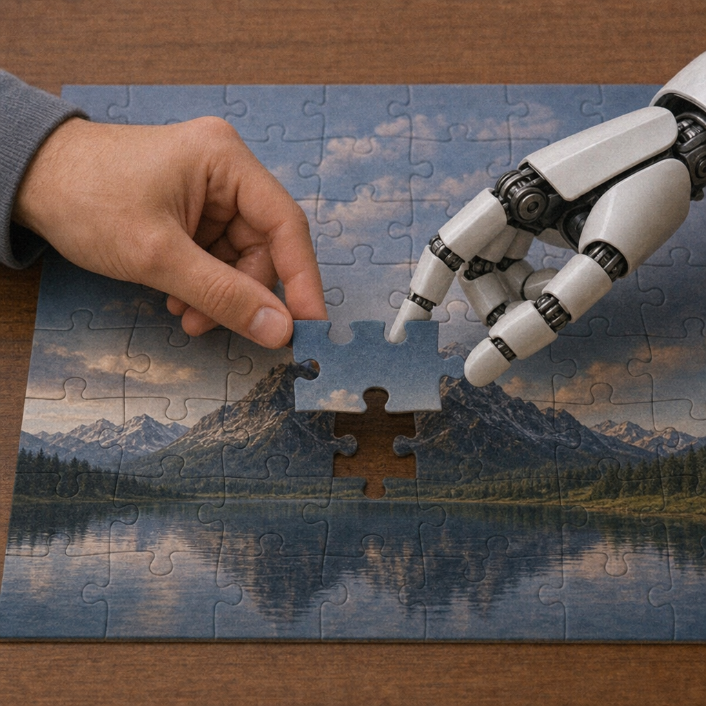 A human hand and a robotic hand working collaboratively to place the final piece into a complex puzzle