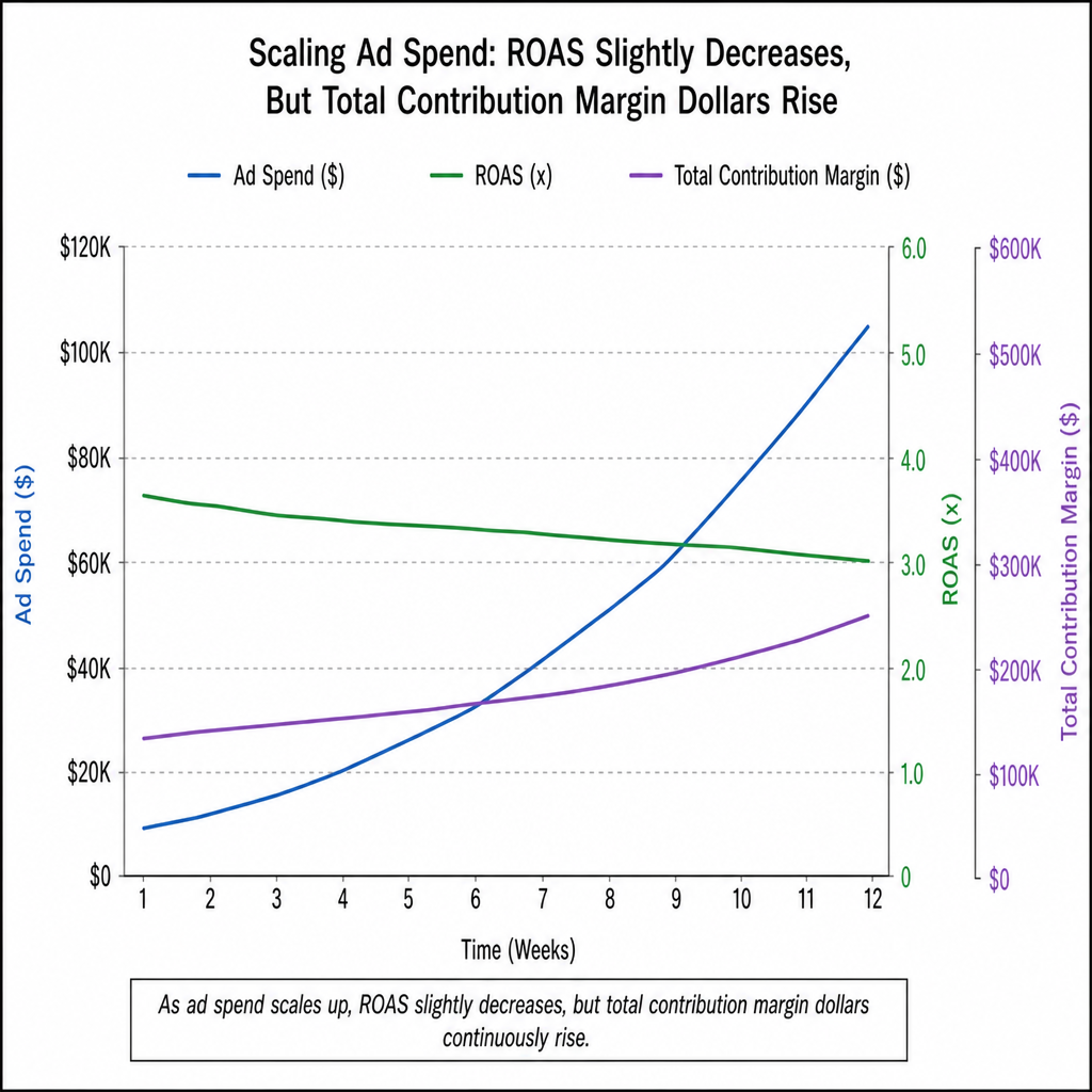 A line graph showing ad spend scaling up while ROAS slightly decreases, but total contribution margin dollars continuously rise in English