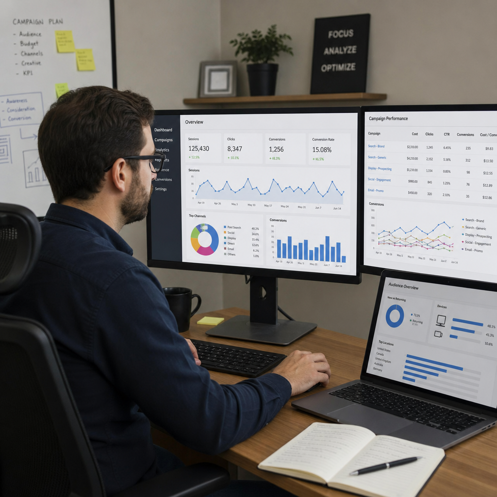 A professional marketer analyzing digital campaign data on multiple screens