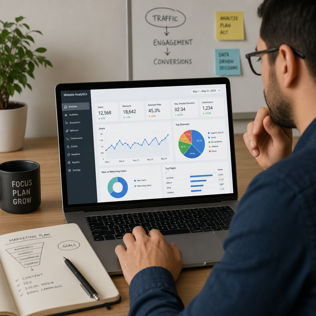 A professional marketer analyzing website analytics and engagement metrics on a laptop screen