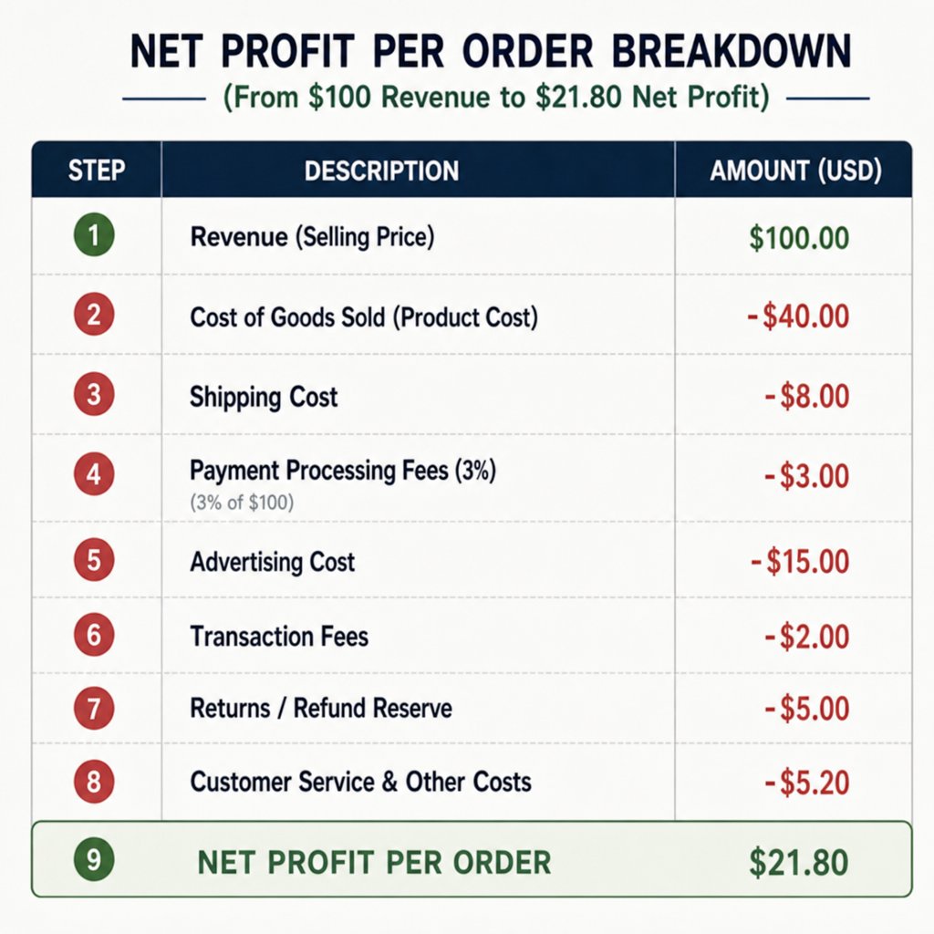 A breakdown chart showing the net profit per order calculation from $100 revenue down to $21.80 net profit in English