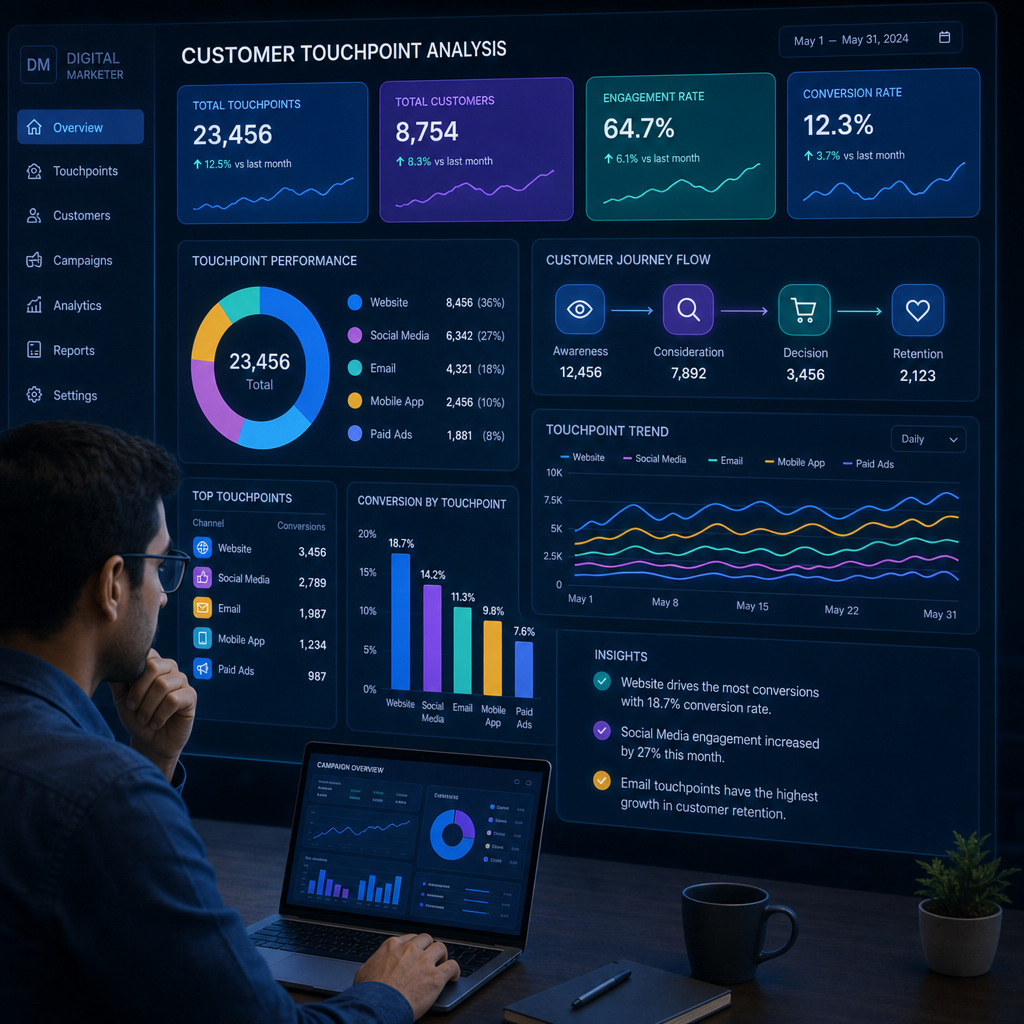 A digital marketer analyzing multiple customer touchpoints on a glowing digital dashboard