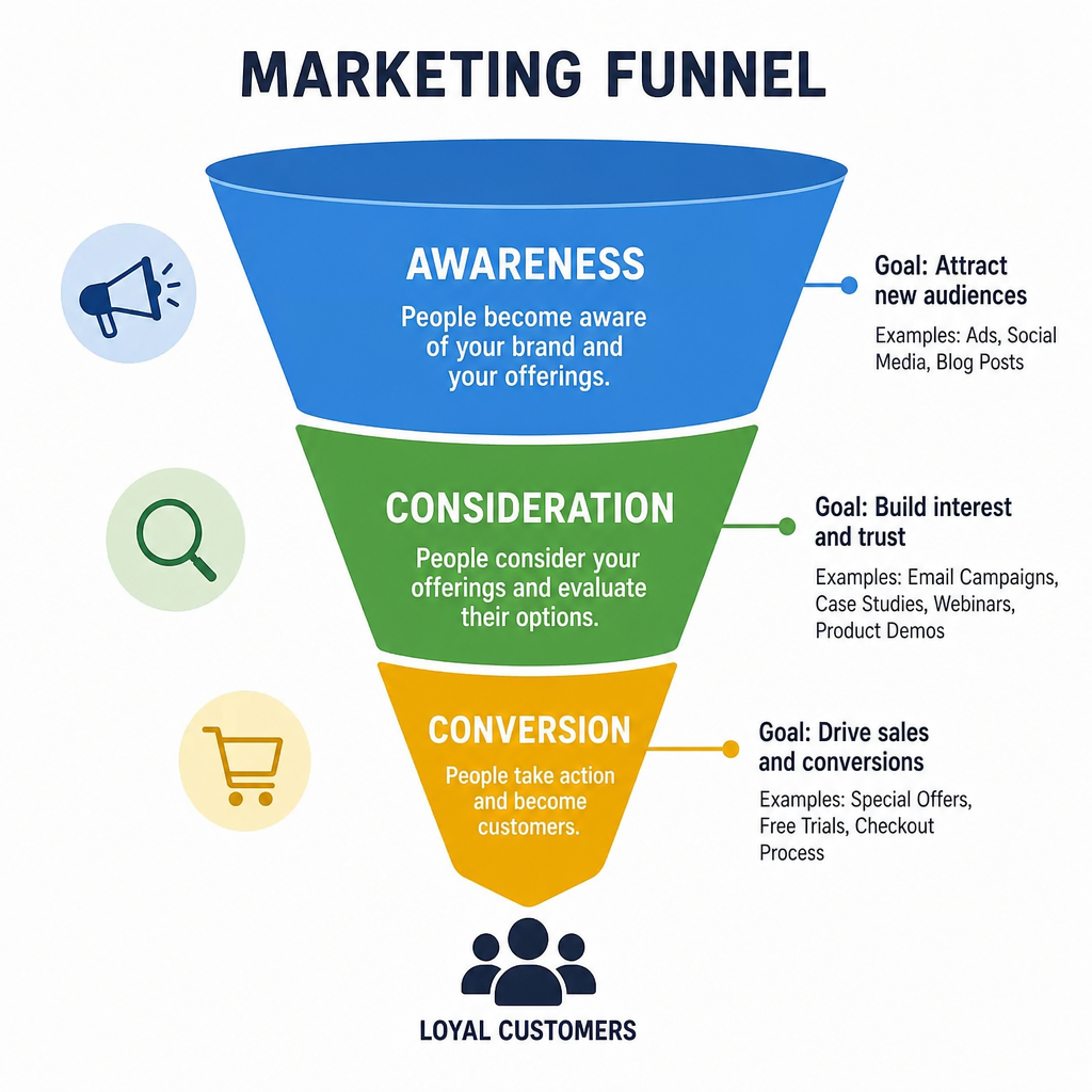 A marketing funnel diagram showing awareness, consideration, and conversion stages