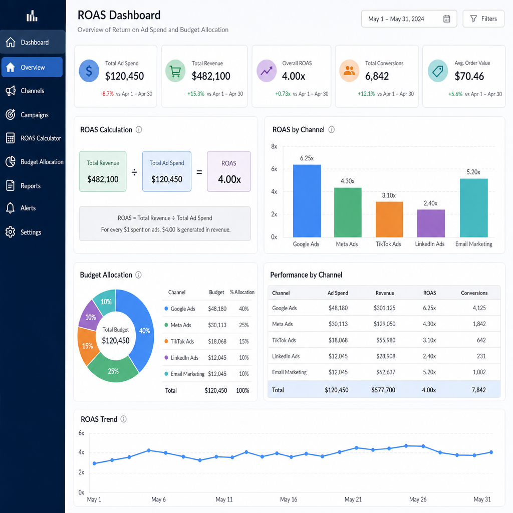 A dashboard showing ROAS calculations and budget allocations across different marketing channels
