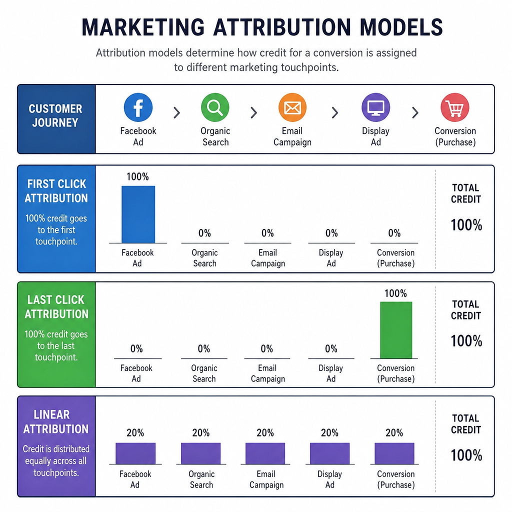A diagram showing different marketing attribution models like first click, last click, and linear
