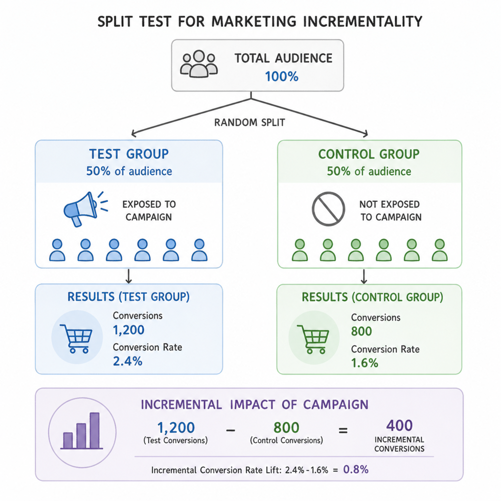 A split testing visualization showing a test group and a control group for marketing incrementality