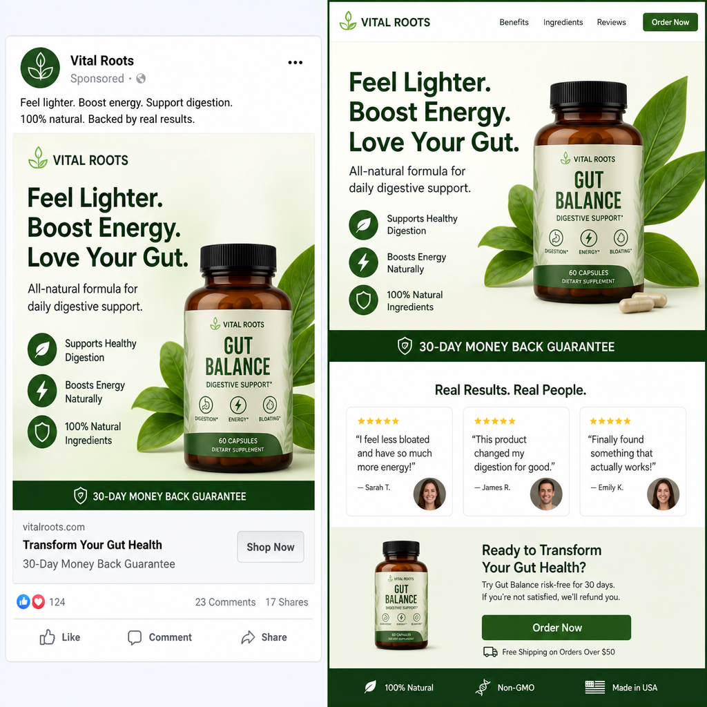 A split screen showing a digital ad matching a high-converting landing page