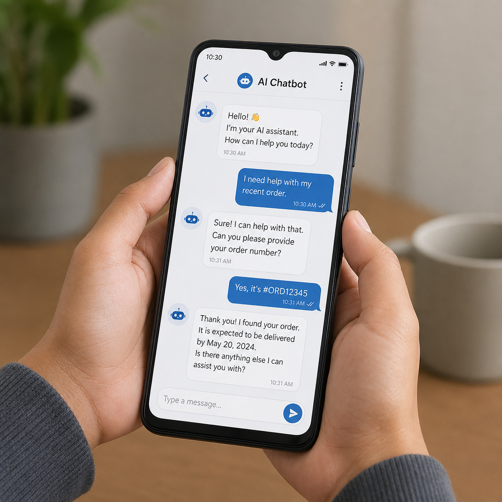 A modern smartphone displaying an intelligent chatbot interface interacting seamlessly with a customer