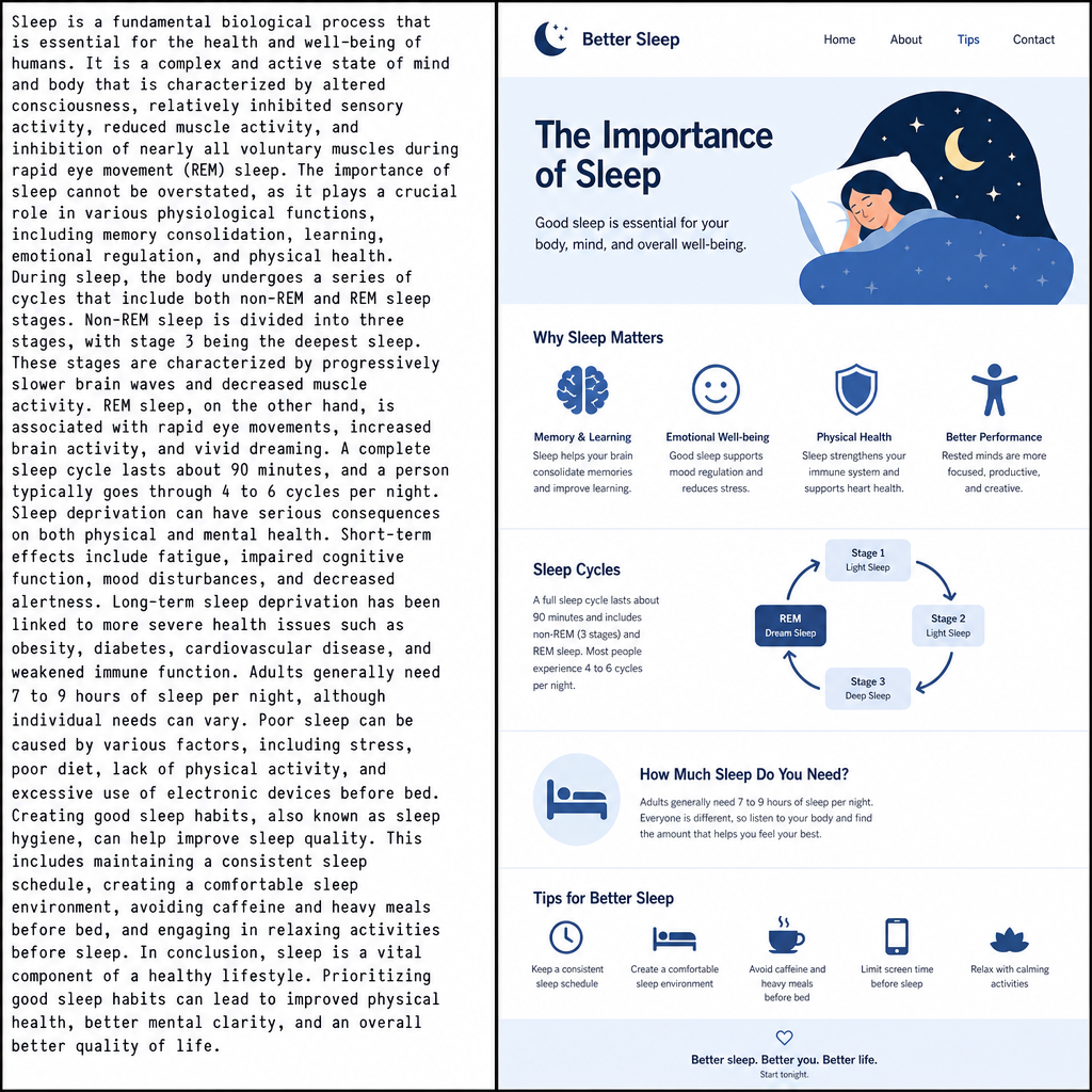 A split screen showing a dense block of text on the left and a well-formatted, scannable webpage on the right