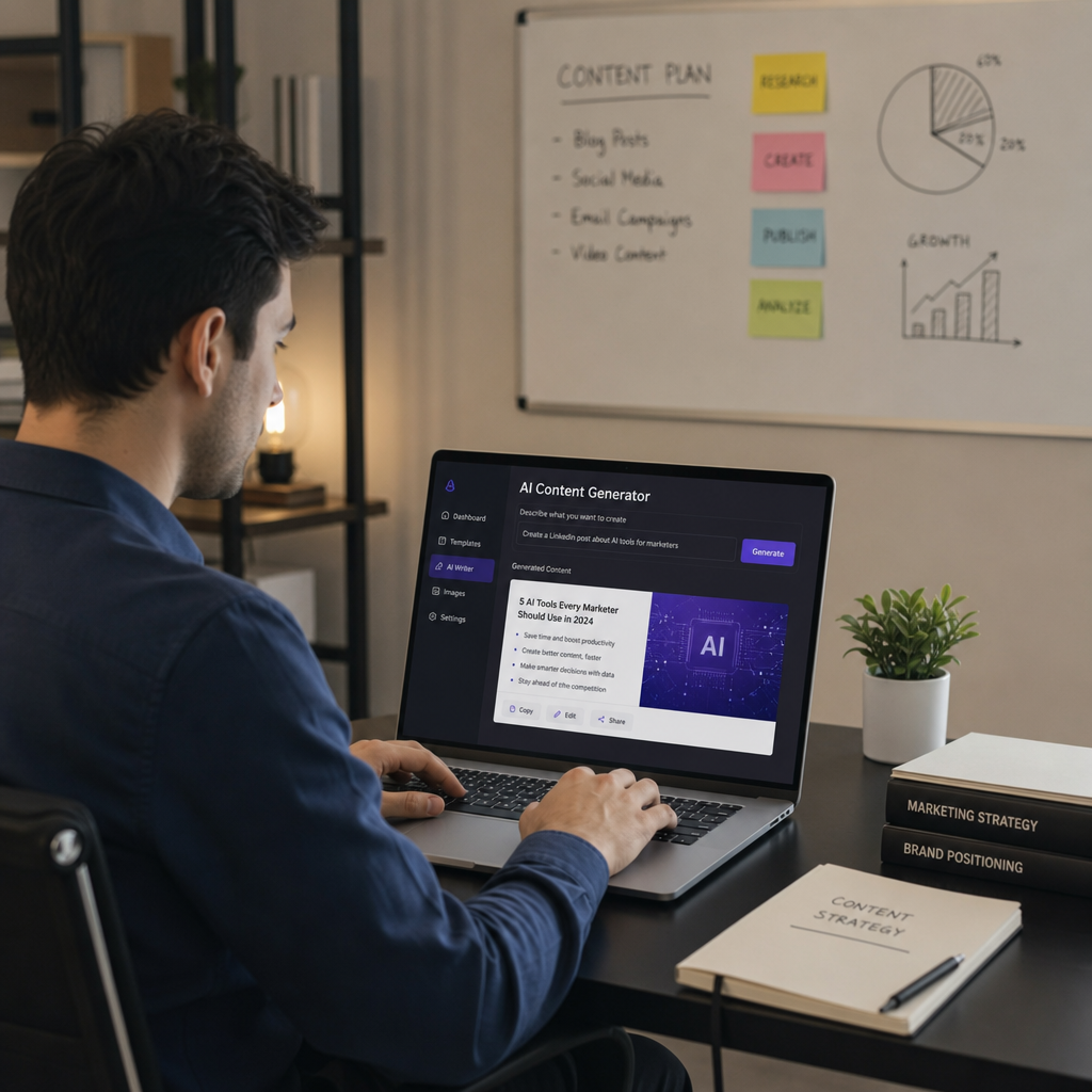 A professional marketer sitting at a sleek desk using an AI tool on a laptop to generate creative content