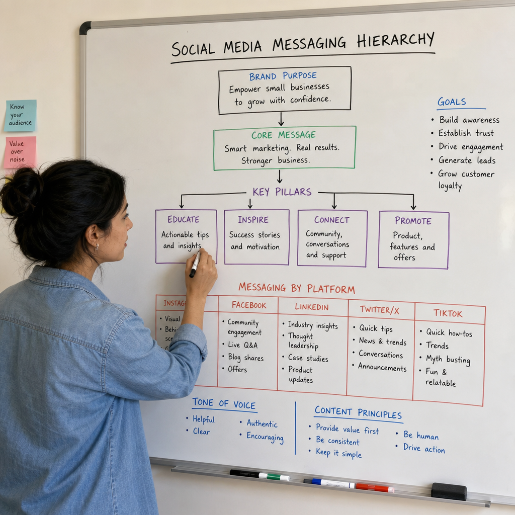 A digital marketer planning a cohesive social media messaging hierarchy on a whiteboard