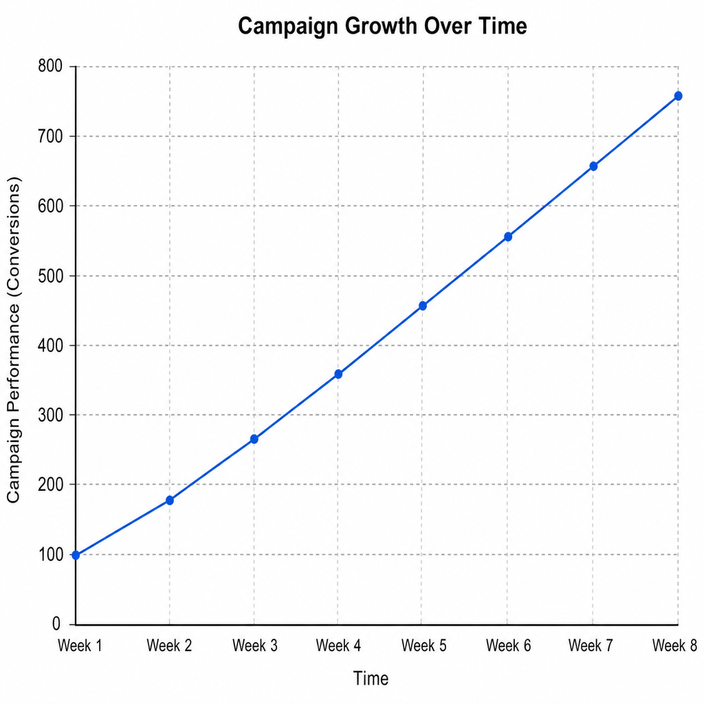 A line graph showing steady, systematic campaign growth over time