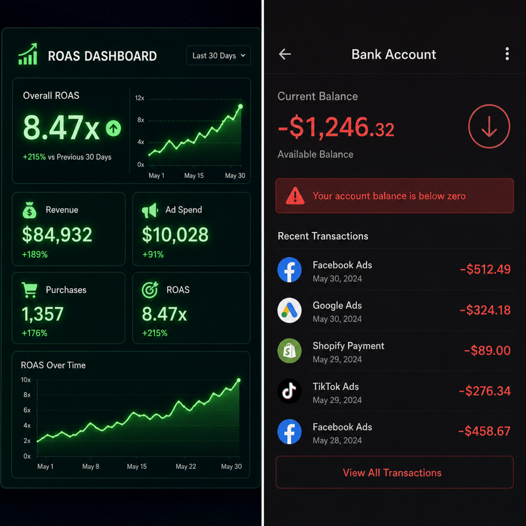 A split screen showing a glowing ROAS dashboard on one side and a declining bank account balance on the other in English