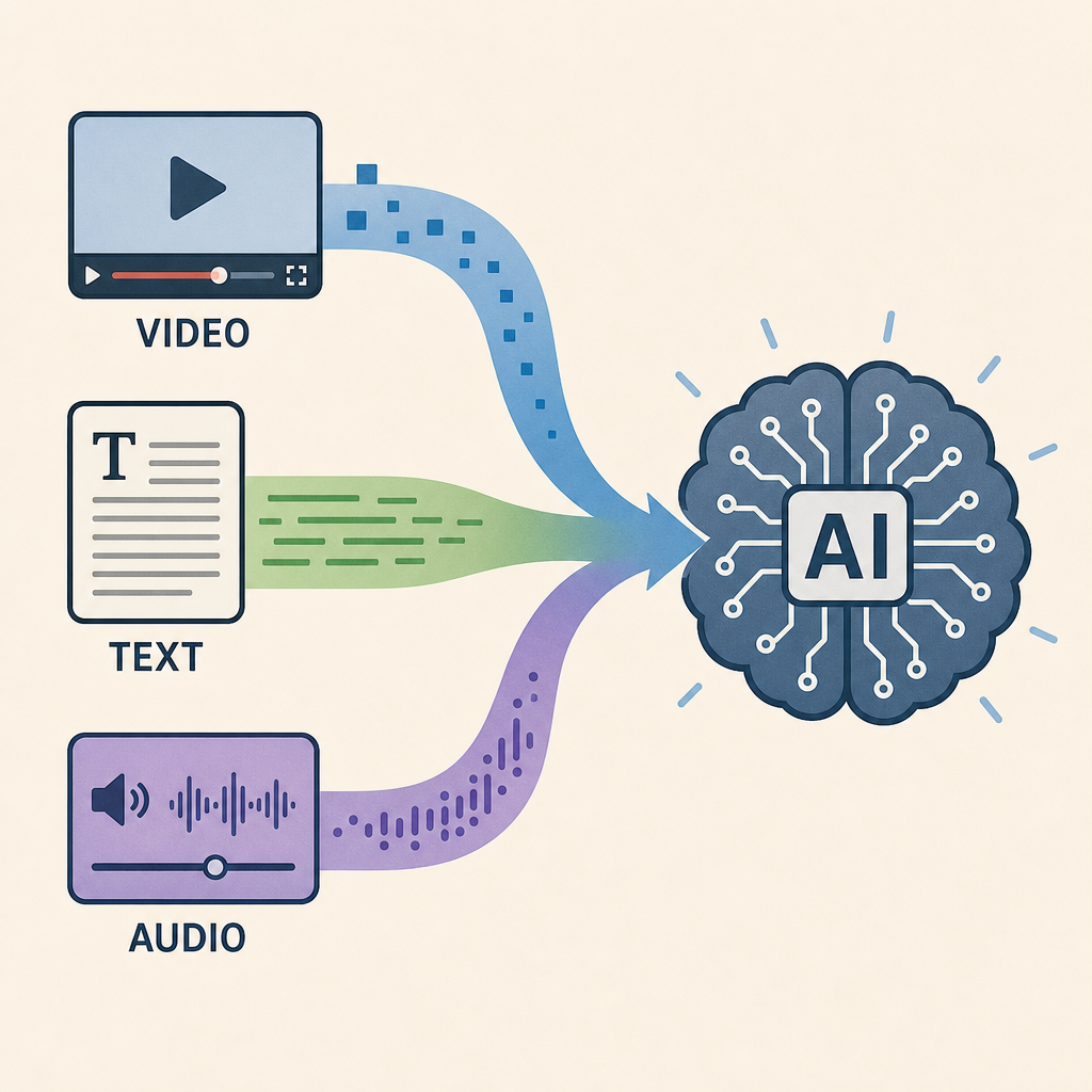 A conceptual illustration showing various media formats like video, text, and audio merging into one AI brain