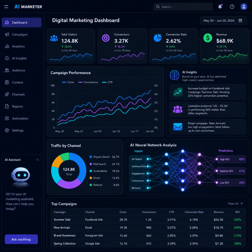 A futuristic digital marketing dashboard displaying glowing data analytics and AI neural network nodes