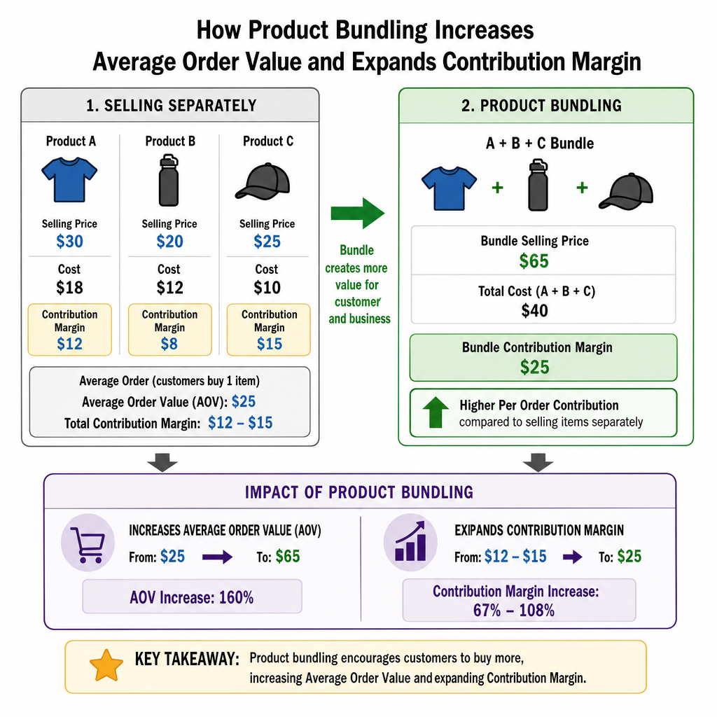 A diagram showing how product bundling increases average order value and expands the contribution margin in English